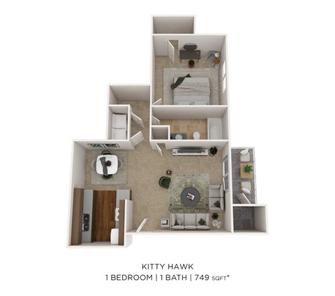 Floor plan for 1 bed, 1 bath, 749 sqft