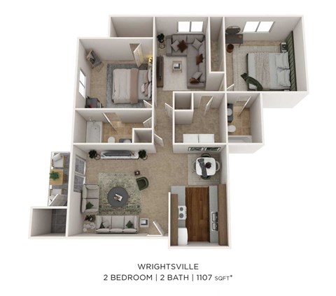 Floor plan for 2 beds, 2 baths, 1107 sqft