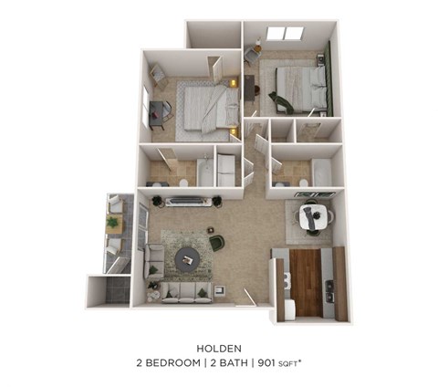 Floor plan for 2 beds, 2 baths, 901 sqft