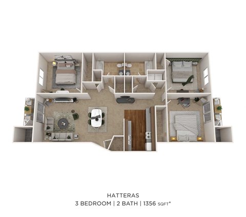 Floor plan for 3 beds, 2 baths, 1356 sqft
