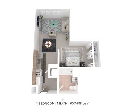 Floor plan for 1 bed, 1 bath, 603 sqft