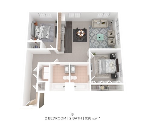 Floor plan for 2 beds, 2 baths, 928 sqft