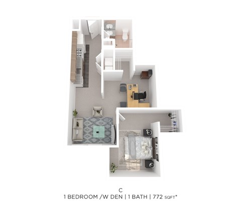 Floor plan for 1 bed, 1 bath, 772 sqft