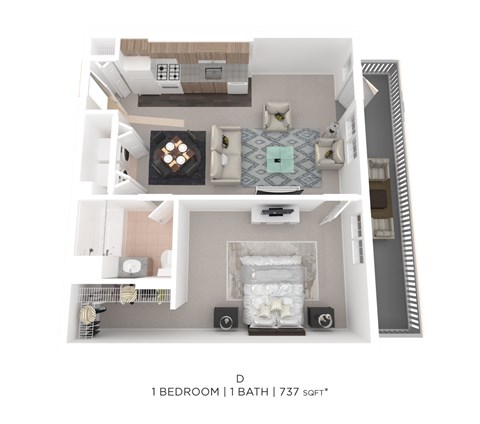 Floor plan for 1 bed, 1 bath, 737 sqft