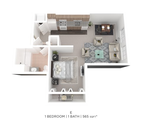 Floor plan for 1 bed, 1 bath, 565 sqft