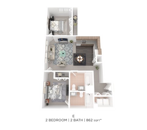 Floor plan for 2 beds, 2 baths, 862 sqft