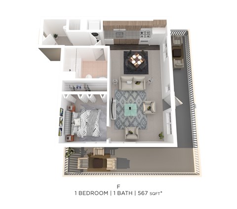 Floor plan for 1 bed, 1 bath, 567 sqft