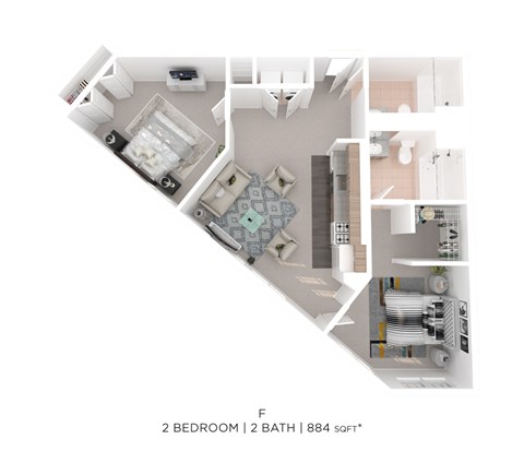 Floor plan for 2 beds, 2 baths, 884 sqft