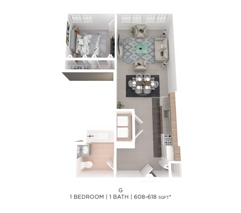 Floor plan for 1 bed, 1 bath, 608 sqft