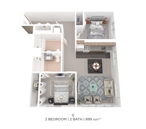 Floor plan for 2 beds, 2 baths, 899 sqft