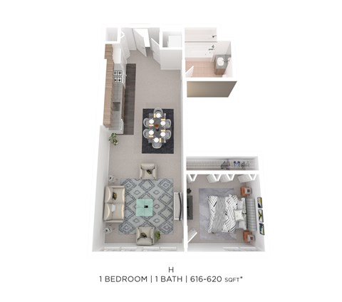 Floor plan for 1 bed, 1 bath, 616 sqft