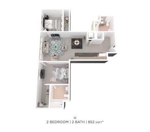Floor plan for 2 beds, 2 baths, 852 sqft