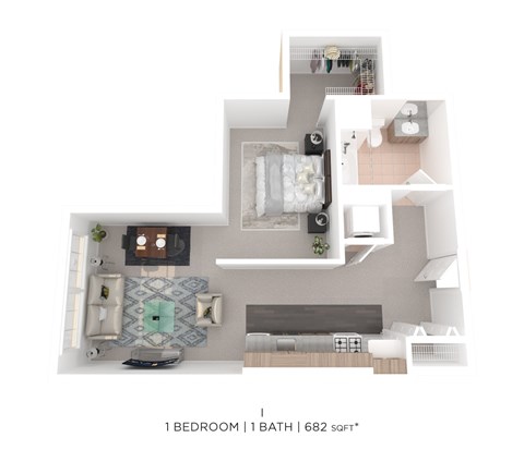 Floor plan for 1 bed, 1 bath, 682 sqft