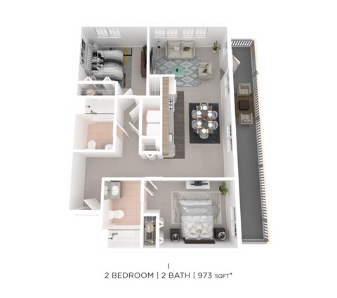 Floor plan for 2 beds, 2 baths, 973 sqft
