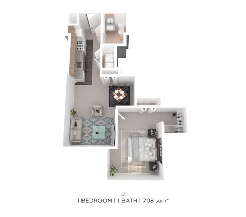 Floor plan for 1 bed, 1 bath, 708 sqft