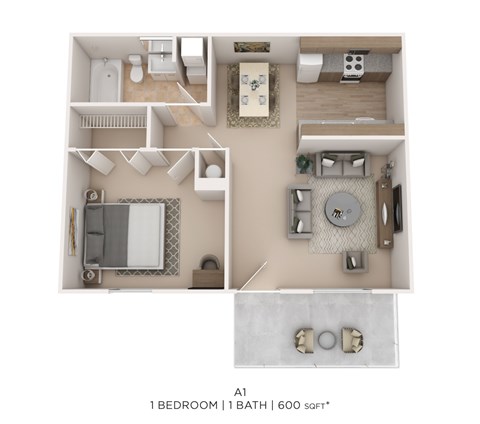Floor plan for 1 bed, 1 bath, 600 sqft
