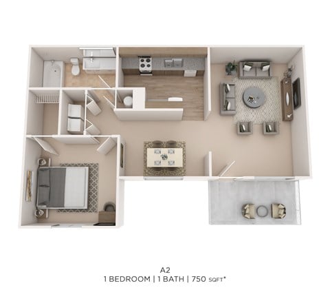 Floor plan for 1 bed, 1 bath, 750 sqft