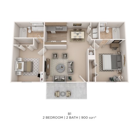 Floor plan for 2 beds, 2 baths, 900 sqft
