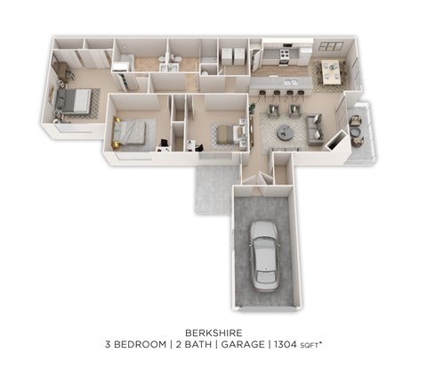 Floor plan for 3 beds, 2 baths, 1304 sqft