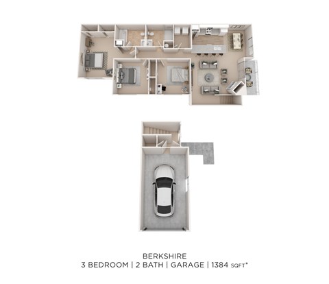 Floor plan for 3 beds, 2 baths, 1384 sqft