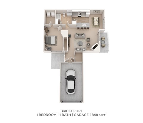 Floor plan for 1 bed, 1 bath, 848 sqft