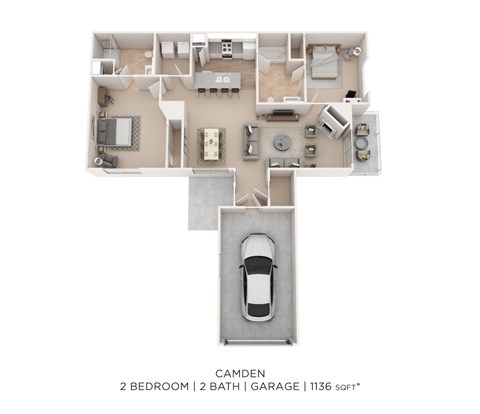 Floor plan for 2 beds, 2 baths, 1136 sqft