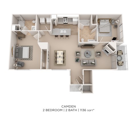 Floor plan for 2 beds, 2 baths, 1216 sqft