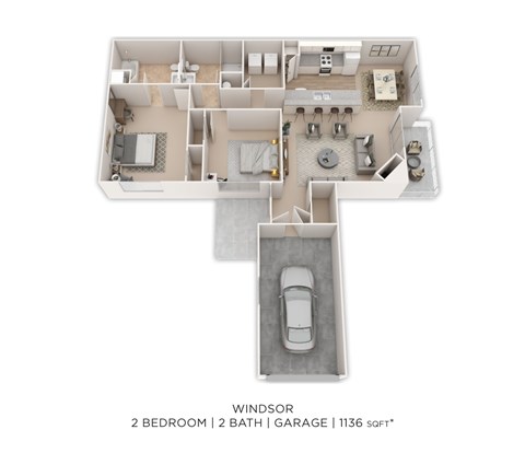 Floor plan for 2 beds, 2 baths, 1136 sqft