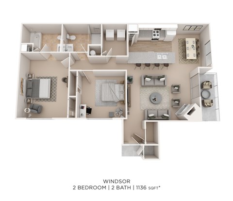 Floor plan for 2 beds, 2 baths, 1216 sqft