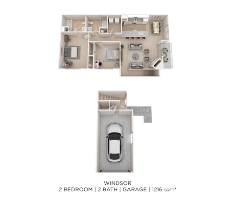 Floor plan for 2 beds, 2 baths, 1216 sqft