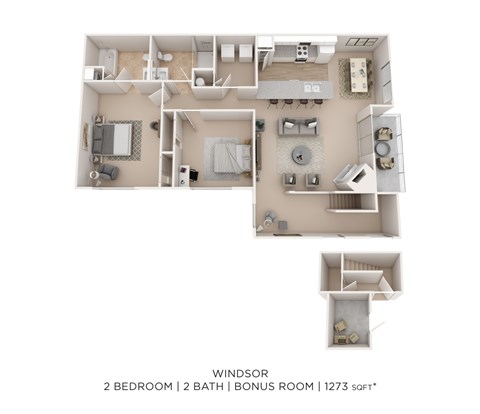 Floor plan for 2 beds, 2 baths, 1273 sqft