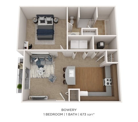 Floor plan for 1 bed, 1 bath, 673 sqft