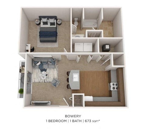 Floor plan for 1 bed, 1 bath, 673 sqft
