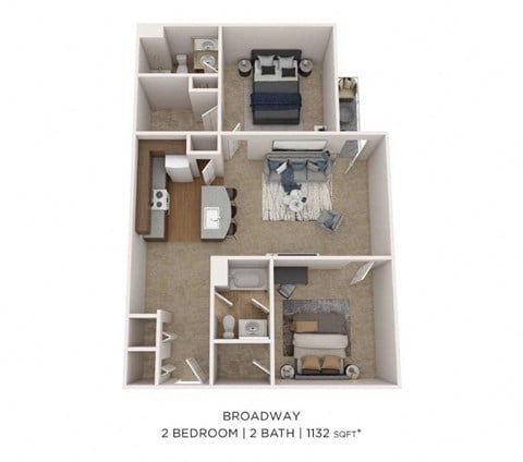 Floor plan for 2 beds, 2 baths, 1132 sqft