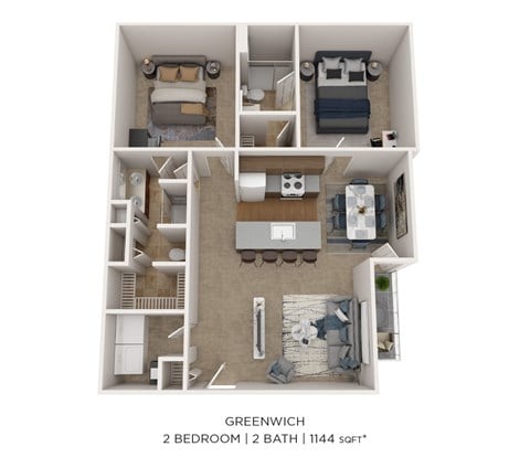 Floor plan for 2 beds, 2 baths, 1144 sqft