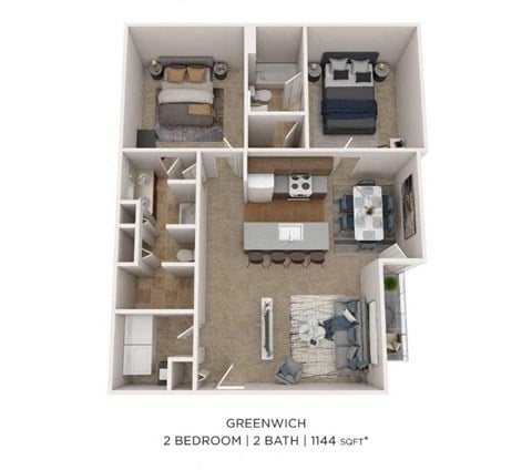 Floor plan for 2 beds, 2 baths, 1144 sqft