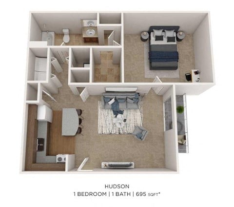 Floor plan for 1 bed, 1 bath, 695 sqft