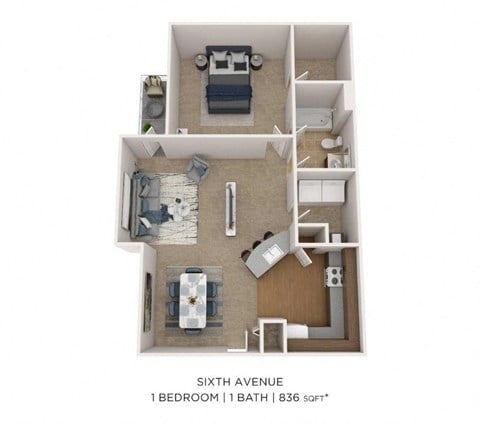 Floor plan for 1 bed, 1 bath, 836 sqft