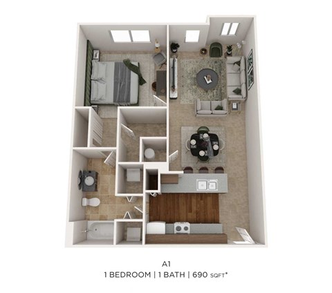 Floor plan for 1 bed, 1 bath, 690 sqft