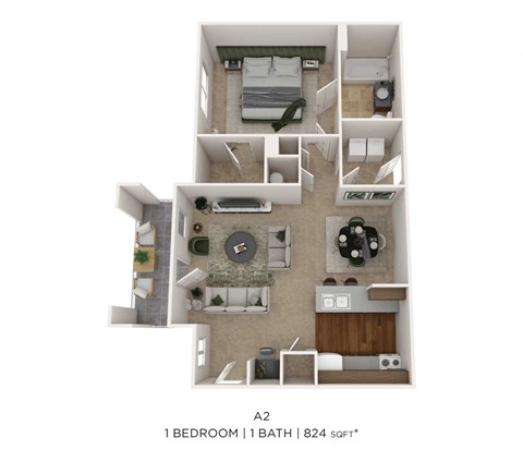 Floor plan for 1 bed, 1 bath, 882 sqft