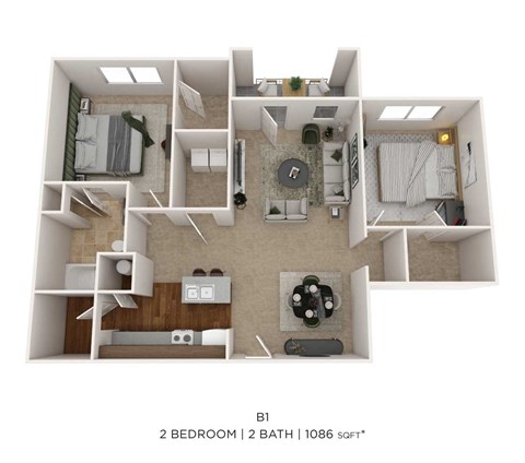 Floor plan for 2 beds, 1 bath, 1086 sqft
