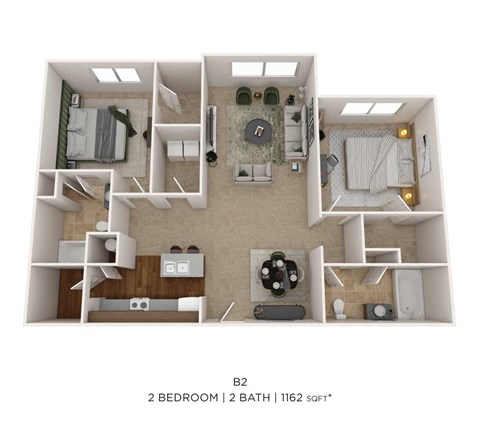 Floor plan for 2 beds, 2 baths, 1162 sqft