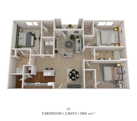 Floor plan for 3 beds, 2 baths, 1384 sqft