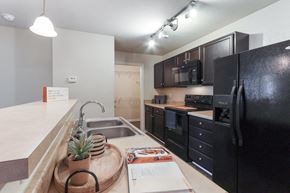 Augusta apartment for rent - a kitchen with black appliances and a counter top with a sink