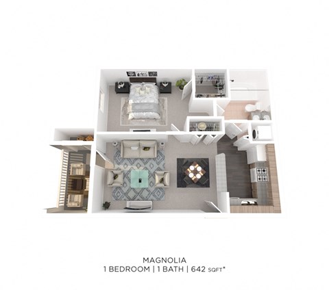 Floor plan for 1 bed, 1 bath, 642 sqft