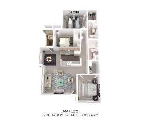Floor plan for 3 beds, 2 baths, 1300 sqft