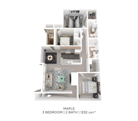 Floor plan for 3 beds, 2 baths, 1232 sqft