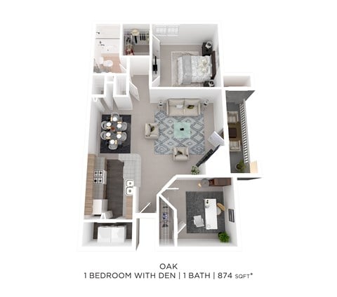 Floor plan for 1 bed, 1 bath, 874 sqft