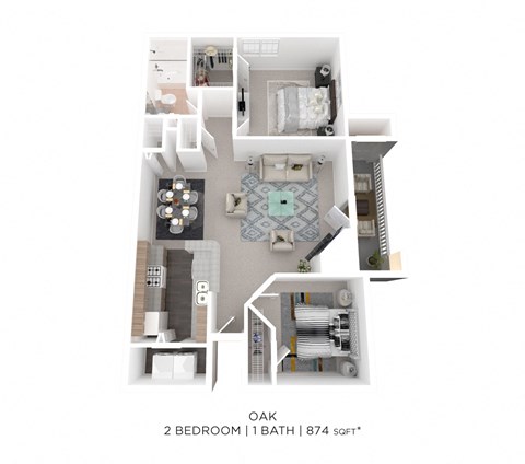 Floor plan for 2 beds, 1 bath, 874 sqft