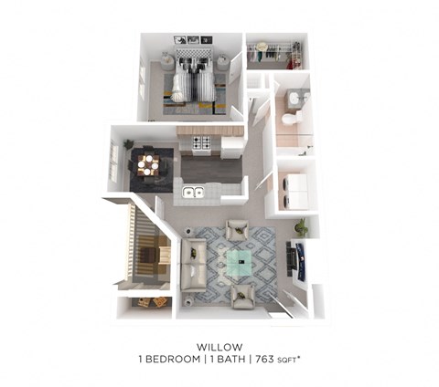 Floor plan for 1 bed, 1 bath, 763 sqft